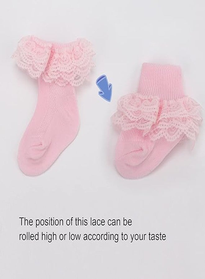 CUTEABLY جوارب دانتيل مكشكشة مزينة بكشكشة للأطفال حديثي الولادة، مصنوعة من القطن، بتصميم فستان أميرة، مع طية للكاحل، 4 أزواج (مقاسات: 0 شهر، 6 أشهر، 4، متعددة الألوان) - Image 3