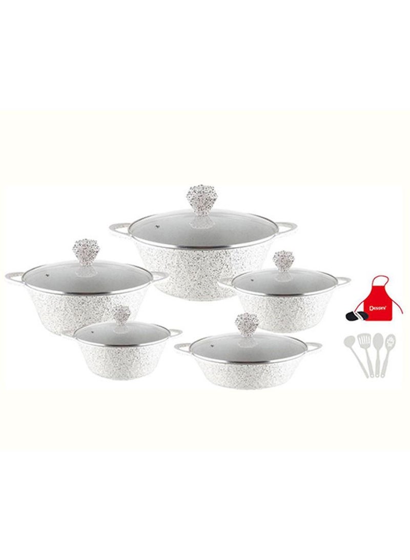 DubaiGallery 17-Piece Granite Saving Energy Aluminum Cookware Set Includes 1xCasserole With Lid 20cm, 1xCasserole With Lid 24cm, 1xcCasserole With Lid 28cm, 1xCasserole With Lid 32cm, 1xShallow Casserole With Lid 28cm, 7xCooking Tools White 