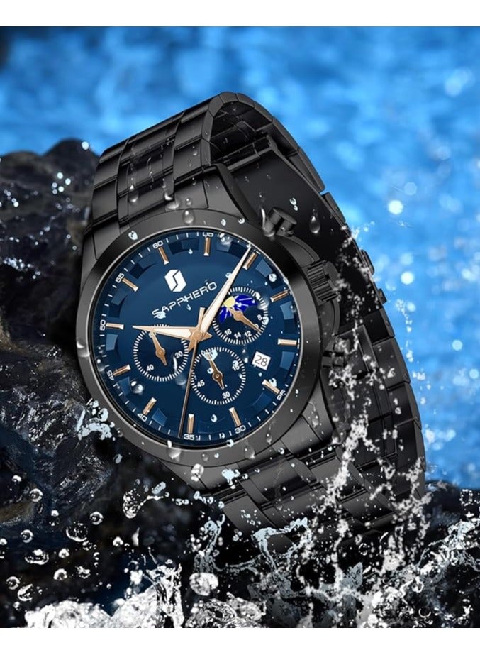 Sapphero Mens Watches Multifunction Chronograph Date Quartz Watch for Men Stainless Steel Band Wrist Watch Gift for Men Casual Business - Image 4
