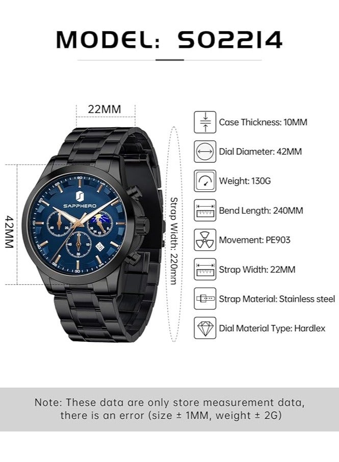 Sapphero Mens Watches Multifunction Chronograph Date Quartz Watch for Men Stainless Steel Band Wrist Watch Gift for Men Casual Business - Image 5