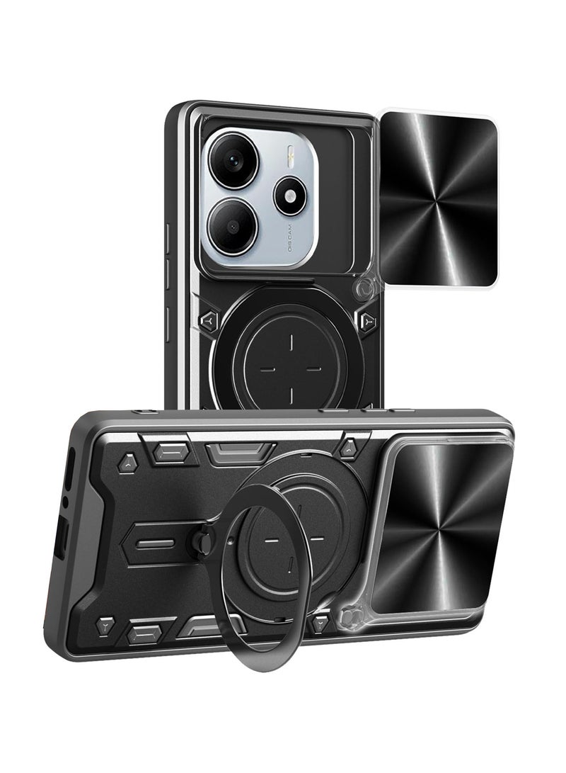 for Redmi Note 14 4G Case, Slide Camera Lens Cover, Magnetic Ring Holder Kickstand Protective Phone Case for Redmi Note 14 4G, Black - Image 1