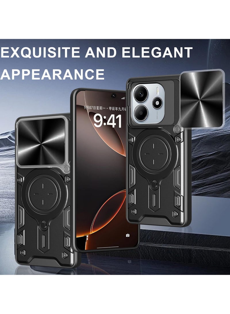 for Redmi Note 14 4G Case, Slide Camera Lens Cover, Magnetic Ring Holder Kickstand Protective Phone Case for Redmi Note 14 4G, Black - Image 2
