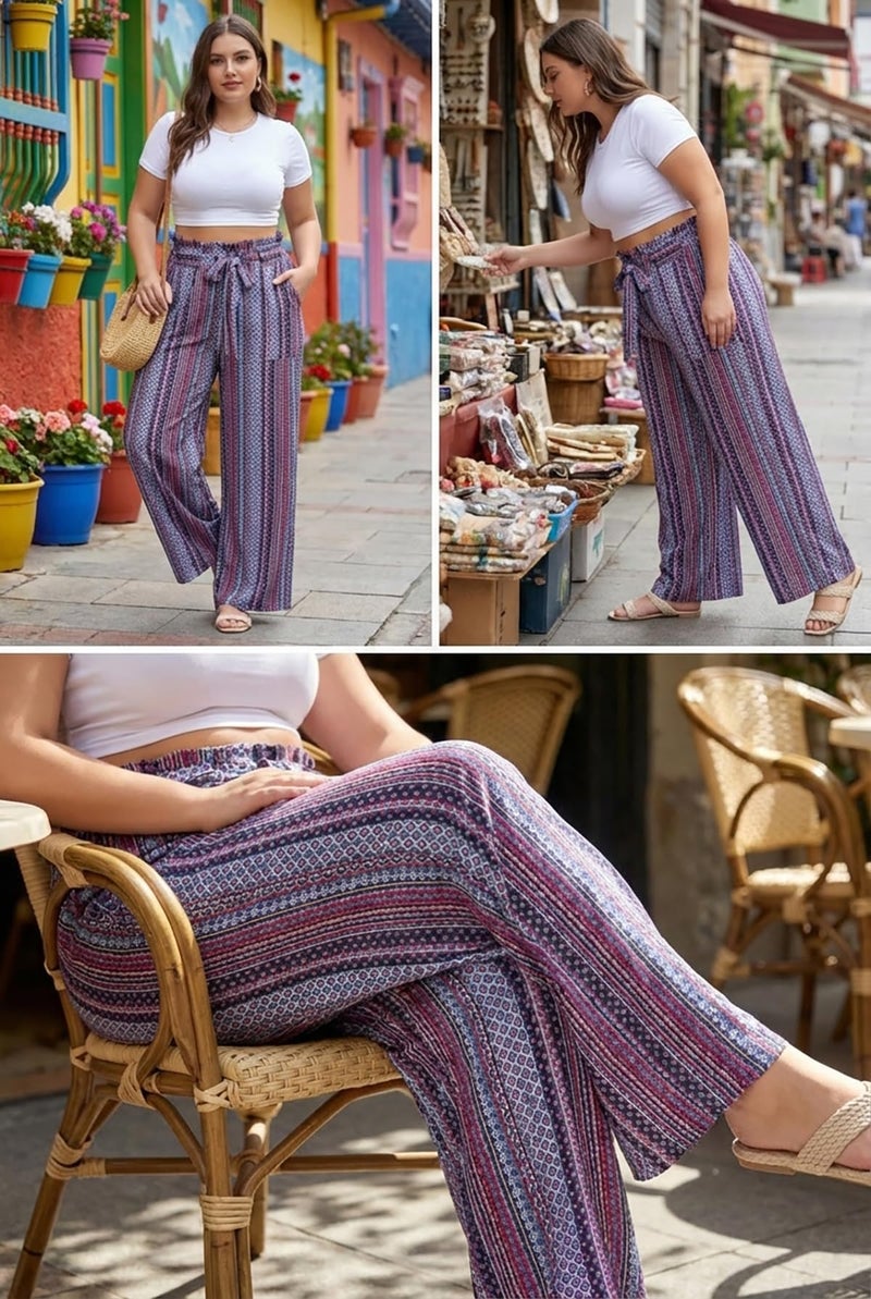 OLRIK Plus Size Lounge Pants Vacation Outfits for Women Beach Pant Bohemia Rhomboid-2X - Image 4