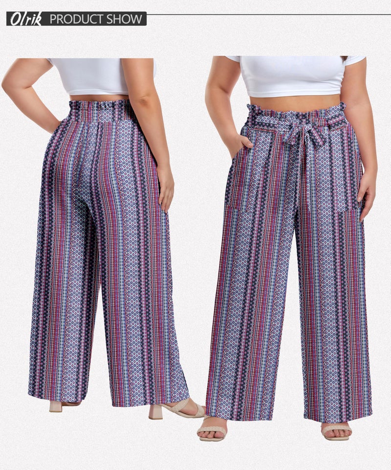 OLRIK Plus Size Lounge Pants Vacation Outfits for Women Beach Pant Bohemia Rhomboid-2X - Image 2