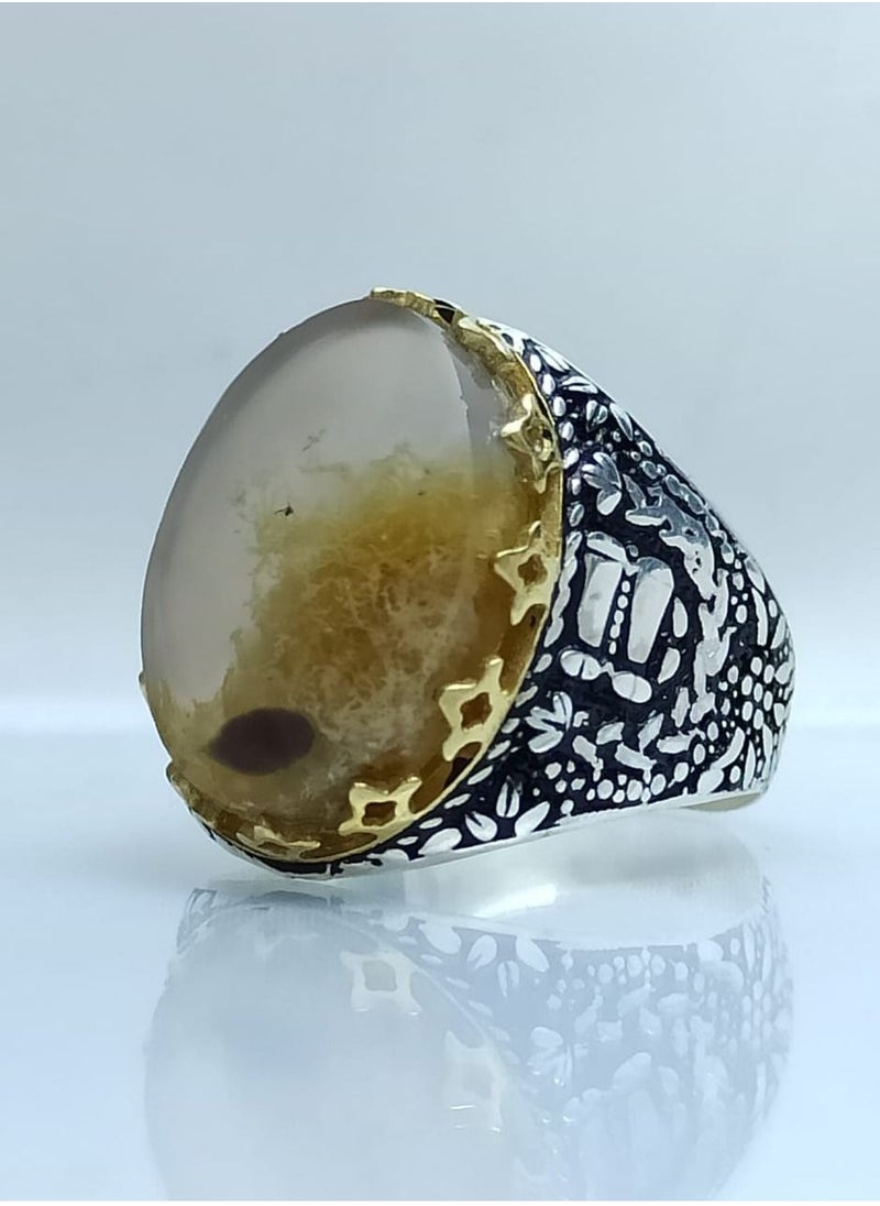 ماركة غير محددة - خاتم رجالي عقيق يماني طبيعي طحلبي اصفر مع حلقة من الفضة عيار 925 - Image 1