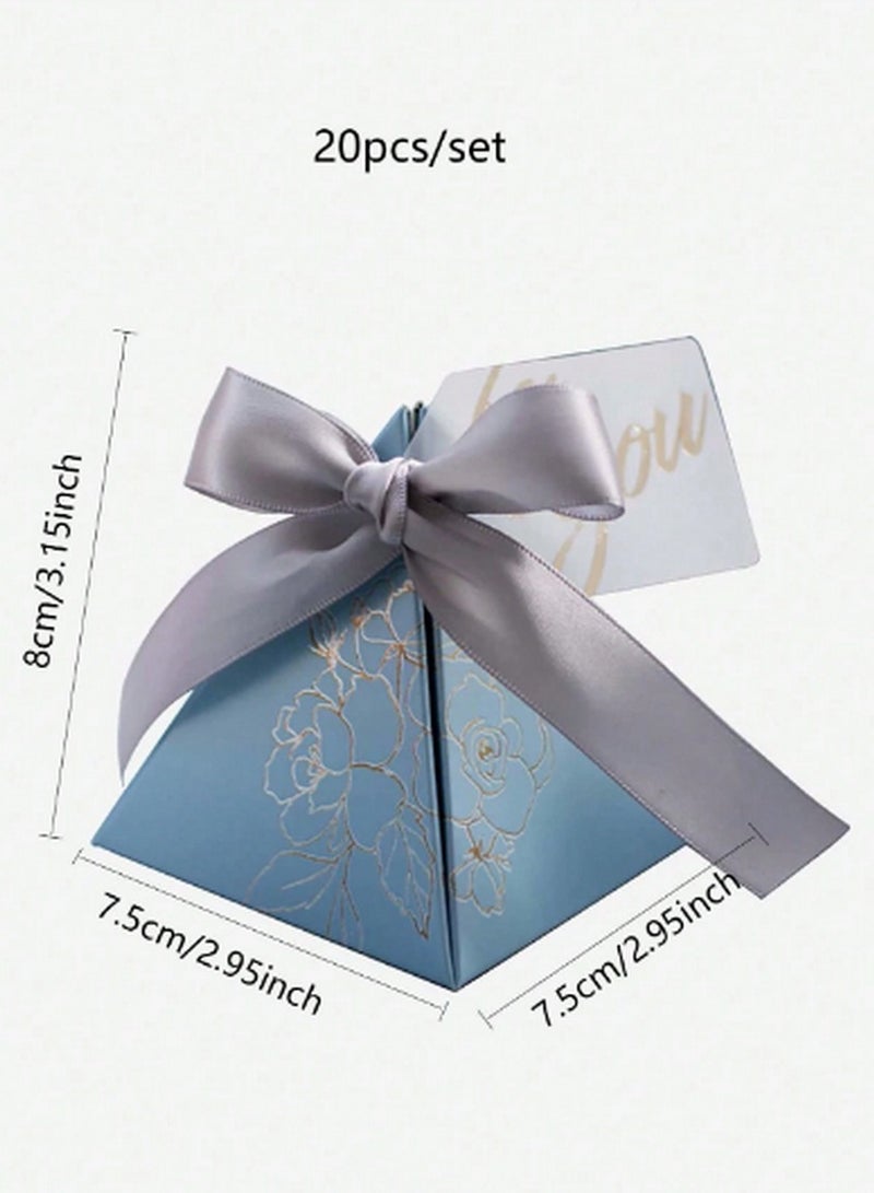 مجموعة صناديق هدايا فاخرة من 20 قطعة بتصميم هرمي – لون أزرق وذهبي مع شريط ساتان وبطاقة شكر - Image 3