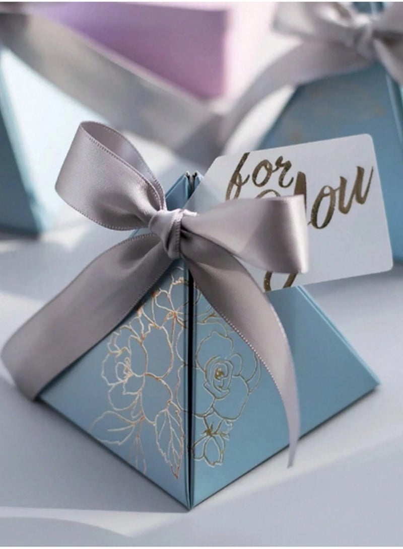 مجموعة صناديق هدايا فاخرة من 20 قطعة بتصميم هرمي – لون أزرق وذهبي مع شريط ساتان وبطاقة شكر - Image 1