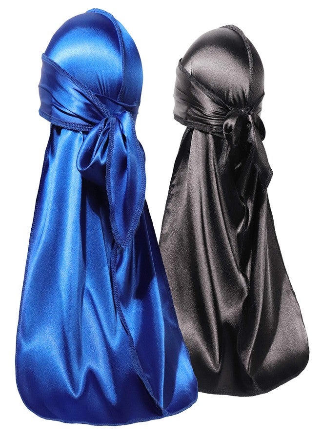 ForceWave 2 PCS Silky Satin Baby Durags for Boys Girls Infant, Black + Blue, Newborn - Image 1