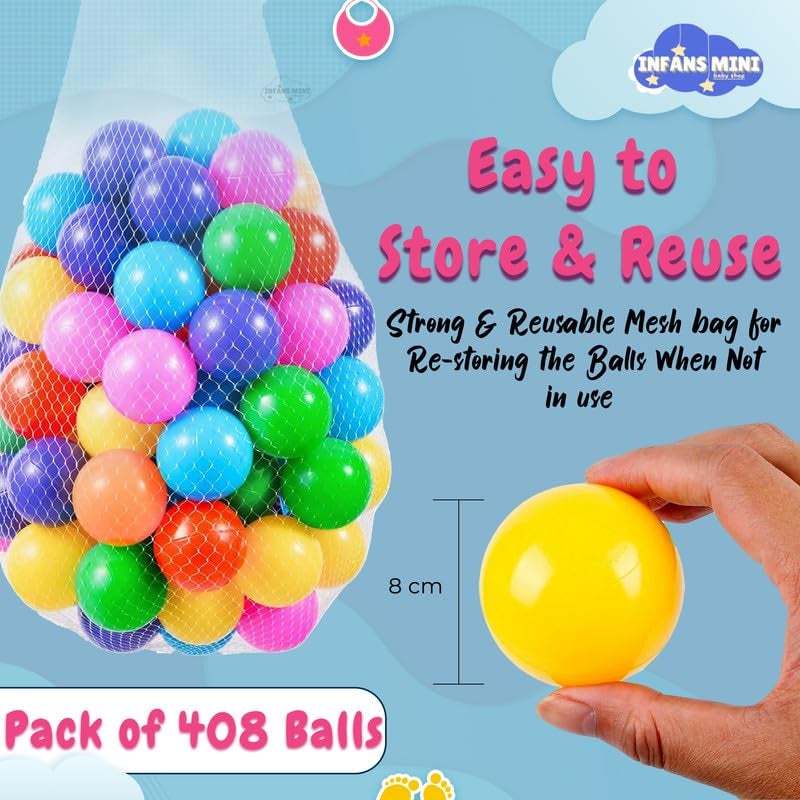 Infans Mini 8Cm Kids Soft Plastic Balls for Pool Pit & Ocean Without Sharp Edges and Non-Toxic Plastics for Toddler Baby Play Tents & Tunnels Indoor (Multicolour, Pack of 408),Water Polo - Image 4