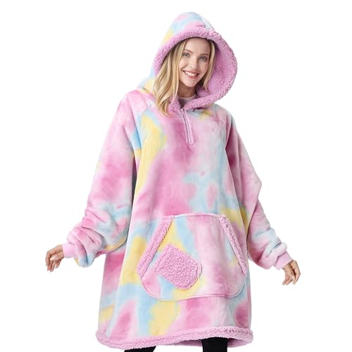 Giggling Getup Wearable Blanket Hoodie for Adults Gifts for Teen Girls Sister Women Sherpa Fleece Printed Hooded Blanket Sweatshirt Warm Cozy with Pocket Sleeves Cotton Candy Tie Dye