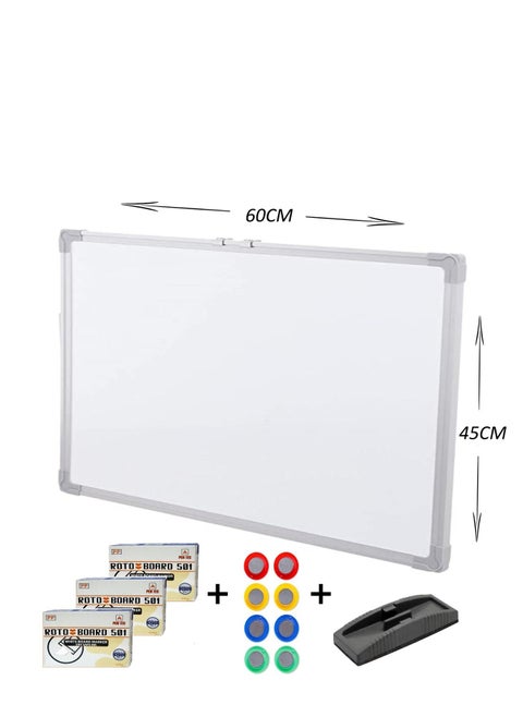 Set of Whiteboard 45CMx60CM with 3 Packs of Roto whiteboard marker, A Duster and Magnetics