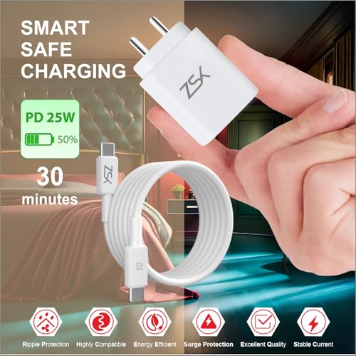 ZSK 25W Fast Charger Mobile Wall Adaptor Single Port Type C Charger | Phone Charger Compatible with Every Type C Port Devices with 1 Meter Type C to C Fast Charging Cable (BIS Certified) - Image 2