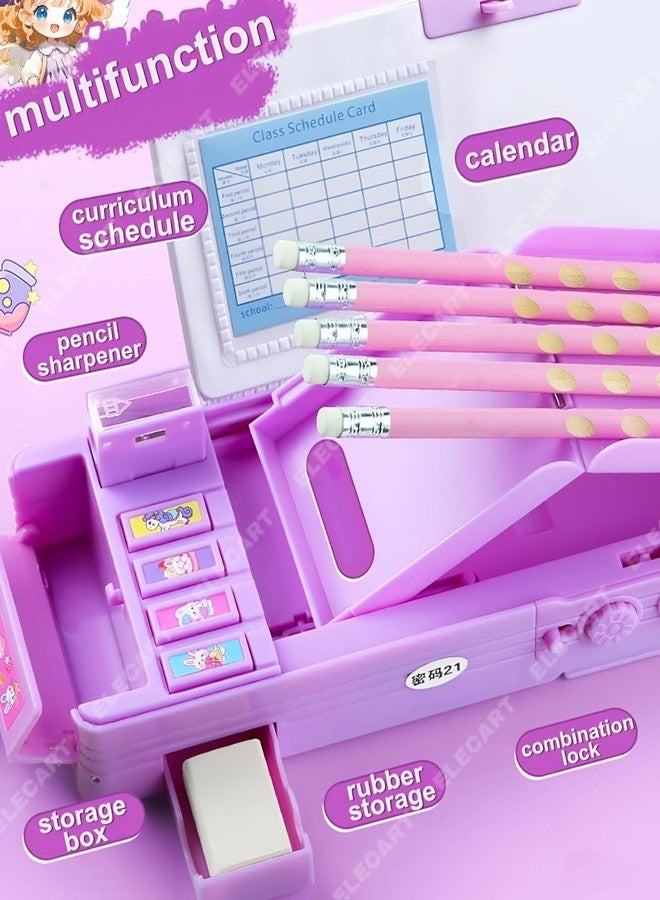 Elecart Multifunctional Purle Pencil Box for Girls | Magnetic & Password Lock Pencil Case | Pop-Out with Sharpener, Eraser, Schedule, Storage | Water-Resistant & Durable | Back-to-School Gift for Kids - Image 3