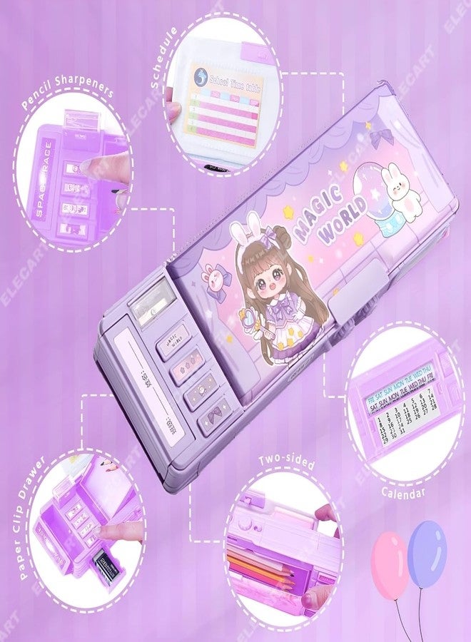 Elecart Multifunctional Purle Pencil Box for Girls | Magnetic & Password Lock Pencil Case | Pop-Out with Sharpener, Eraser, Schedule, Storage | Water-Resistant & Durable | Back-to-School Gift for Kids - Image 2