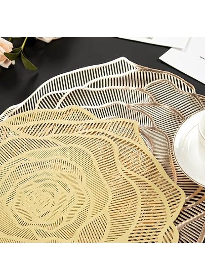 Mabbcoo Gold Placemats Pressed Vinyl Round Placemats Set of 6 Pretty Rose Shape Design Washable Dining Table Decoration Mats for Birthday Holiday Party Wedding Kitchen Decor - Image 4