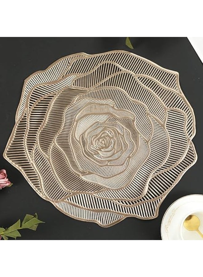 Mabbcoo Gold Placemats Pressed Vinyl Round Placemats Set of 6 Pretty Rose Shape Design Washable Dining Table Decoration Mats for Birthday Holiday Party Wedding Kitchen Decor - Image 1