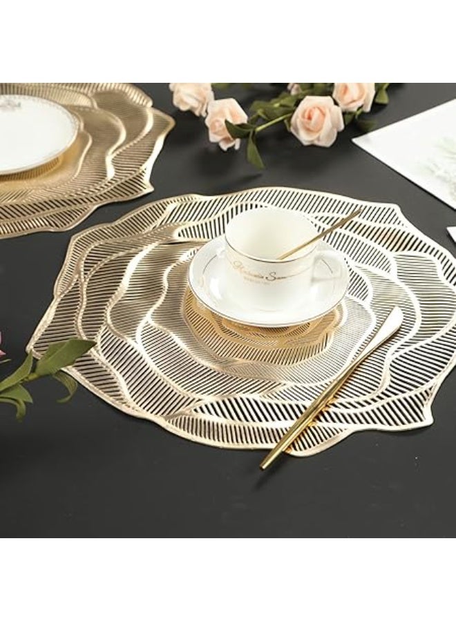 Mabbcoo Gold Placemats Pressed Vinyl Round Placemats Set of 6 Pretty Rose Shape Design Washable Dining Table Decoration Mats for Birthday Holiday Party Wedding Kitchen Decor - Image 3