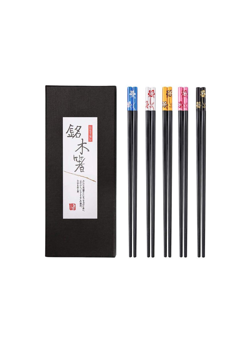 GGOOT 5 Pairs Fiberglass Chopsticks, Reusable Chopsticks Set Dishwasher Safe Chopsticks Floral Black Chopsticks Alloy Chinese Chopsticks Non Slip Chop Sticks Fancy Japanese Sushi Chopsticks with Gift Box - Image 1