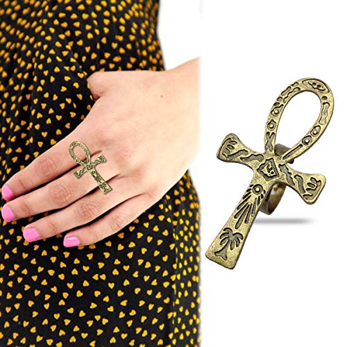 RechicGu Vintage Golden Egyptian Ancient Ankh Key of Life Cross Ring Cleopatra Adjustable Band Ankara Hieroglyphic Carved Symbol of Protection Amulet Jewelry - Image 2