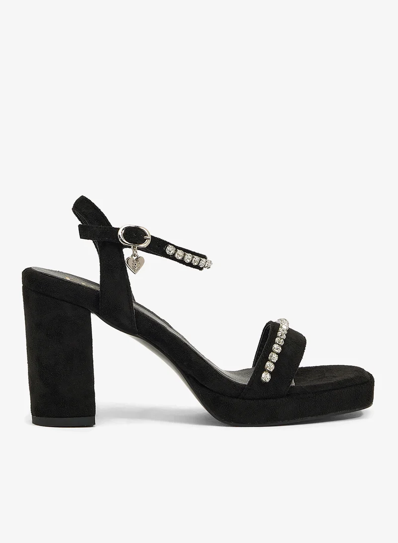 Black platform sandal with ankle and front crystal straps