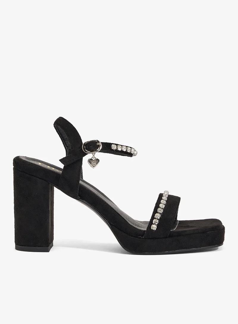 Black platform sandal with ankle and front crystal straps