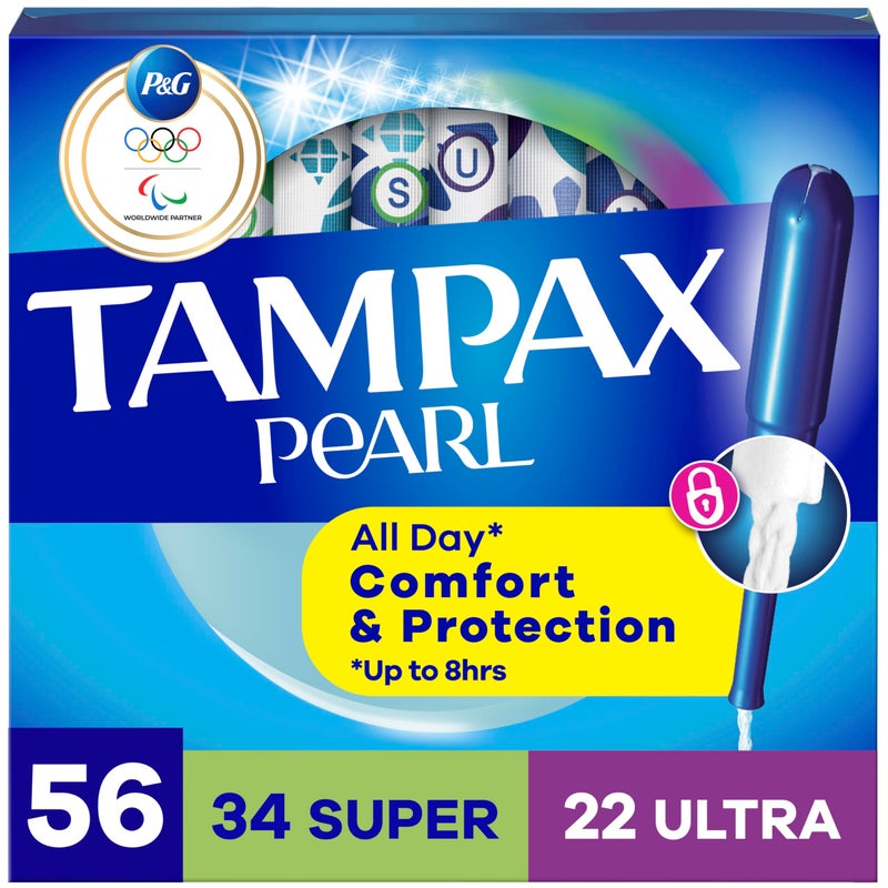 Tampax Pearl Tampons for Women Multipack, with LeakGuard Braid, Super/Ultra Absorbency, Unscented, 56 Count - Image 1