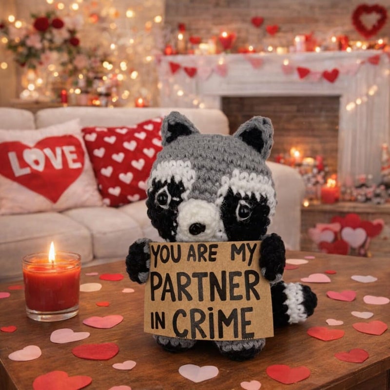 Stitch-Witch Funny Valentines Day Gift for Girlfriend Wife â€“ Handmade Crochet Raccoon Plush with Sign â€œYou are My Partner in Crimeâ€ â€“ Cute Romantic Pocket Hug Token, Unique Couple Anniversary Present - Image 3