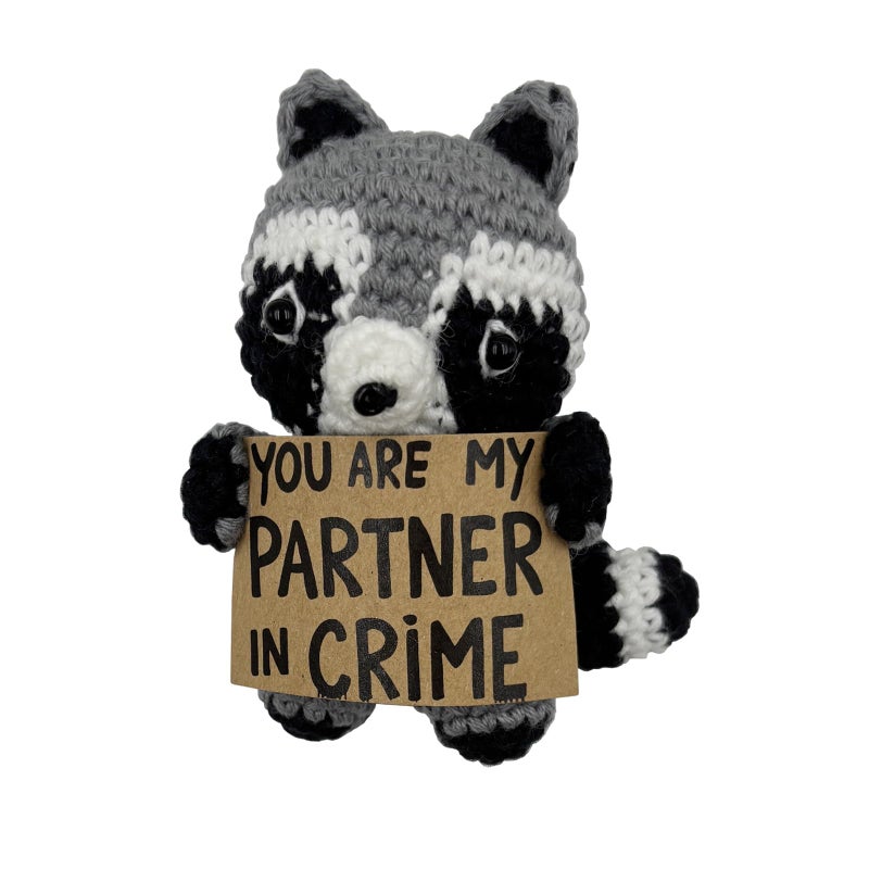 Stitch-Witch Funny Valentines Day Gift for Girlfriend Wife â€“ Handmade Crochet Raccoon Plush with Sign â€œYou are My Partner in Crimeâ€ â€“ Cute Romantic Pocket Hug Token, Unique Couple Anniversary Present - Image 1