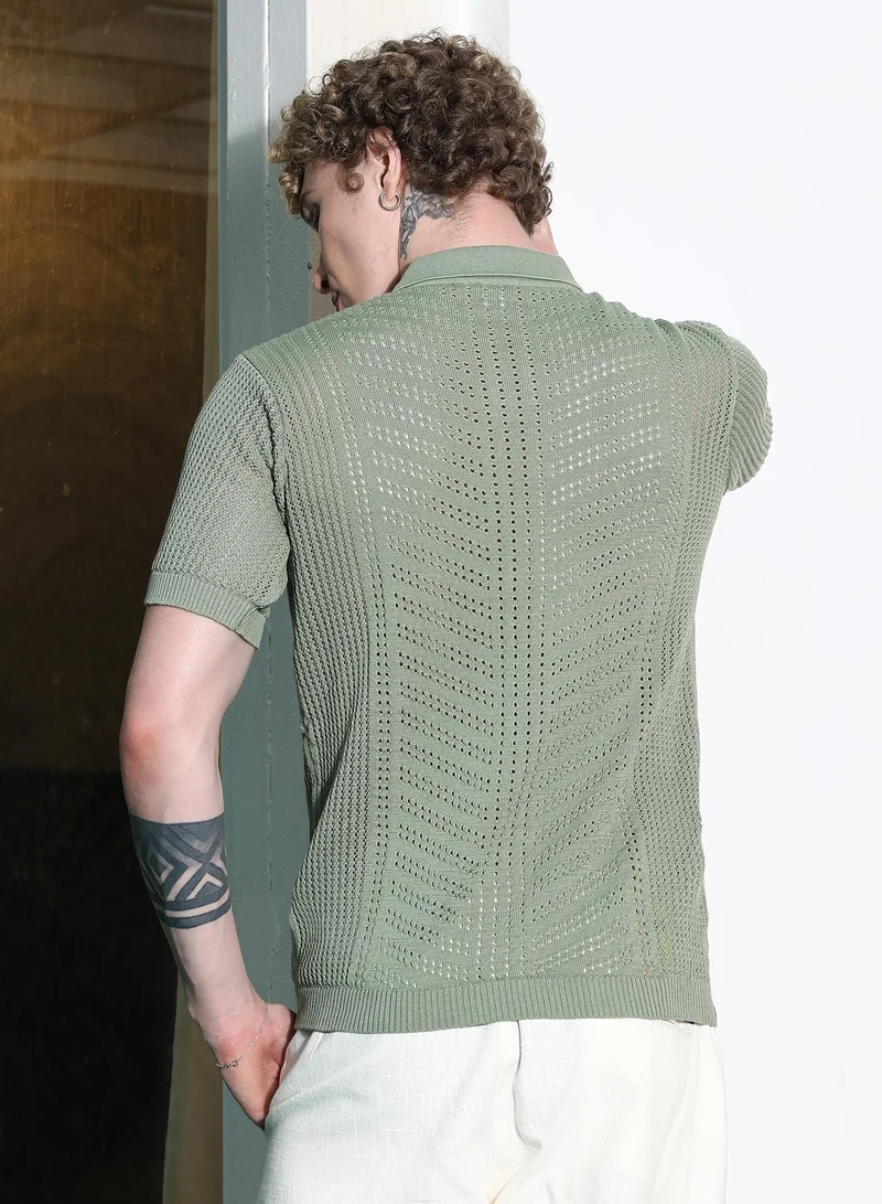 Campus Sutra Men's Green Textured Polo Shirt