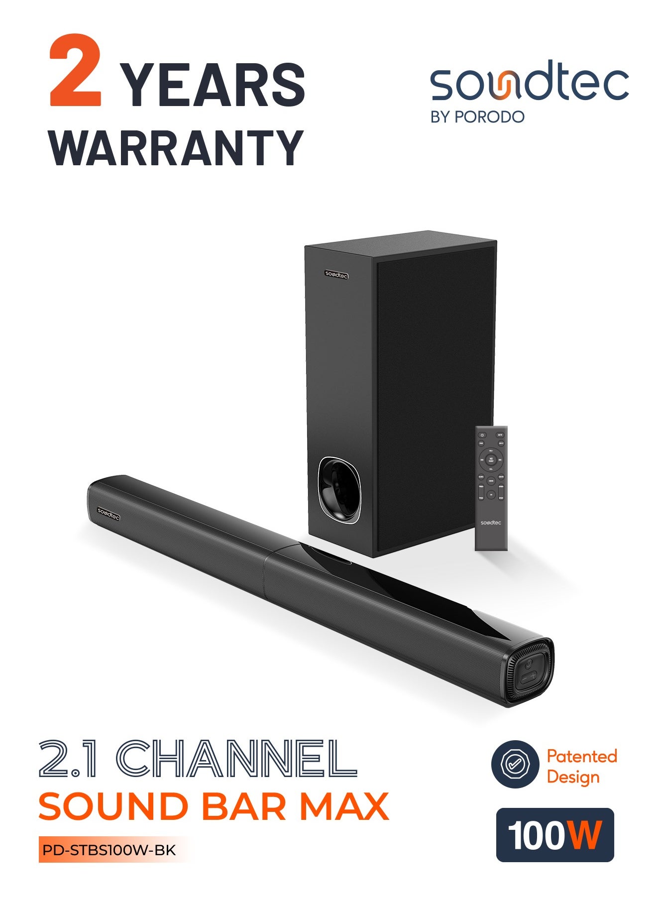 2.1 Soundtec Channel Soundbar, Smart Detachable Design, 100W Powerful Sound, 10m Bluetooth Range, Powerful Bass, 5.25" Large Subwoofer - Black 