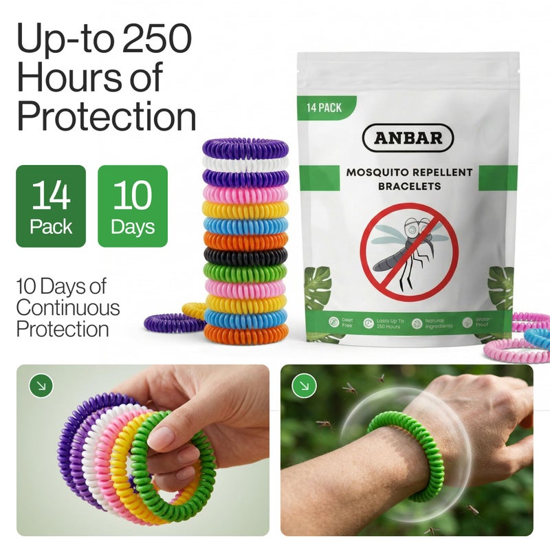 Anbar Mosquito Repellent Bracelets Bands for Adults and Kids, 14 Pack, All-Natural Deet-Free, Non-Toxic Protection, Stretchy Waterproof Anti-Mosquito Wristbands for Hiking and Camping - Image 2