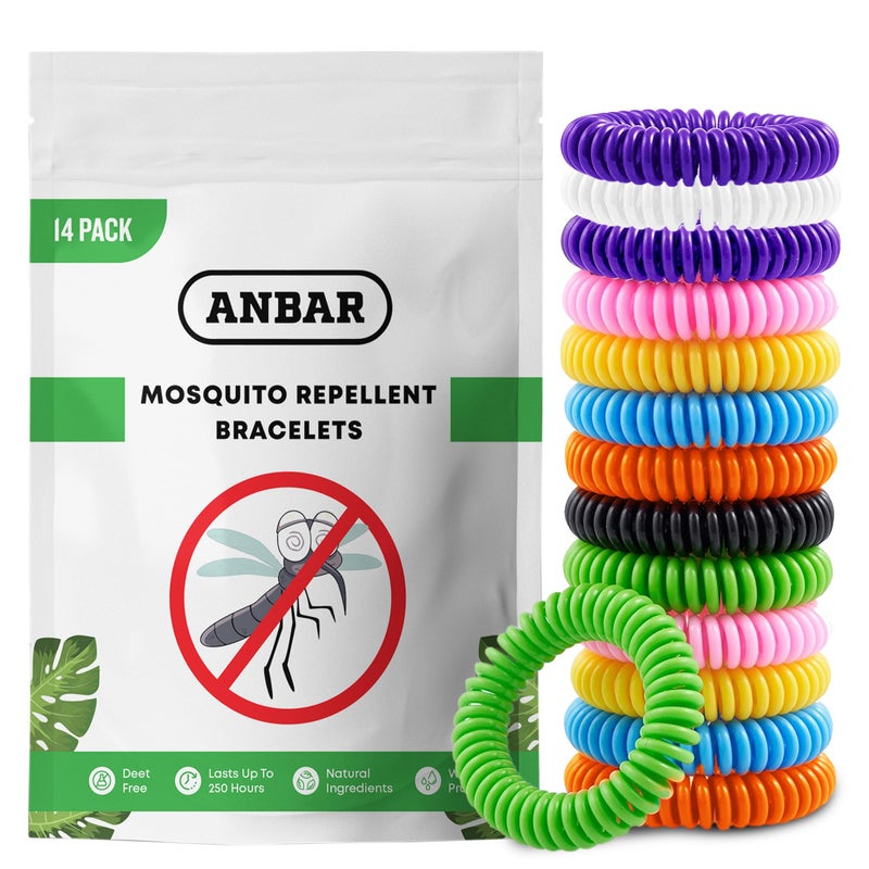 Anbar Mosquito Repellent Bracelets Bands for Adults and Kids, 14 Pack, All-Natural Deet-Free, Non-Toxic Protection, Stretchy Waterproof Anti-Mosquito Wristbands for Hiking and Camping - Image 1
