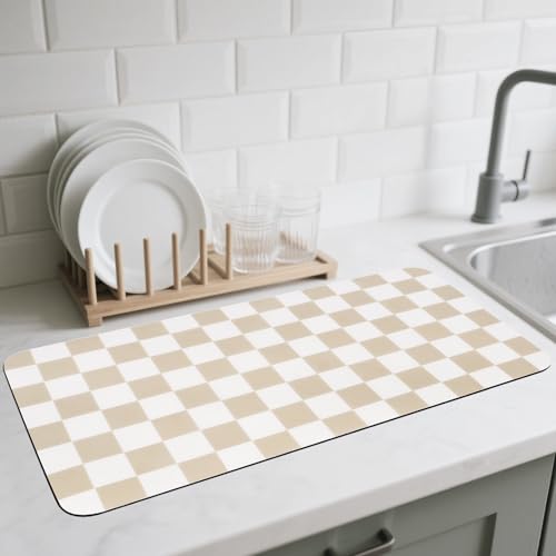 CooRug Checkered Dish Drying Mat for Kitchen Counter, Absorbent Non-Slip Coffee Mat, Heat Resistant Mat for Countertops Coffee Bar Decor 17" x 32" Khaki - Image 1