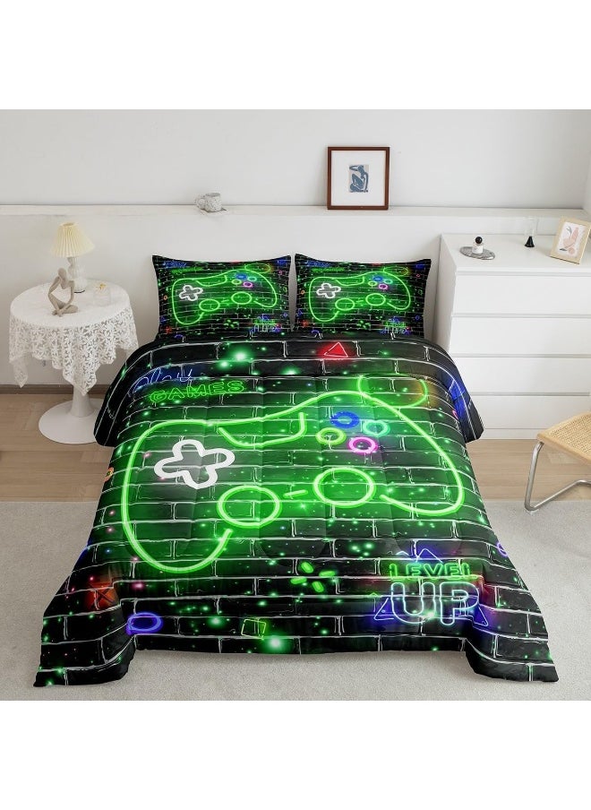 Generic Gamepad Bedding Comforter Sets Twin, Green Neon Video Controller Watercolor Bedding Set for Bedroom Decoration, Retro Abstract Brick Wall Print with 1 Comforter and 1 Pillow Case Bedroom Decor  - Image 1