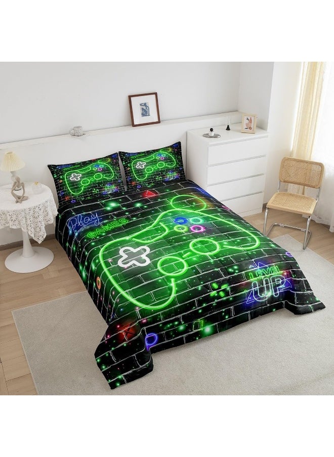 Generic Gamepad Bedding Comforter Sets Twin, Green Neon Video Controller Watercolor Bedding Set for Bedroom Decoration, Retro Abstract Brick Wall Print with 1 Comforter and 1 Pillow Case Bedroom Decor  - Image 3
