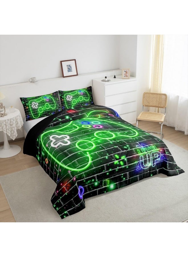 Generic Gamepad Bedding Comforter Sets Twin, Green Neon Video Controller Watercolor Bedding Set for Bedroom Decoration, Retro Abstract Brick Wall Print with 1 Comforter and 1 Pillow Case Bedroom Decor  - Image 4