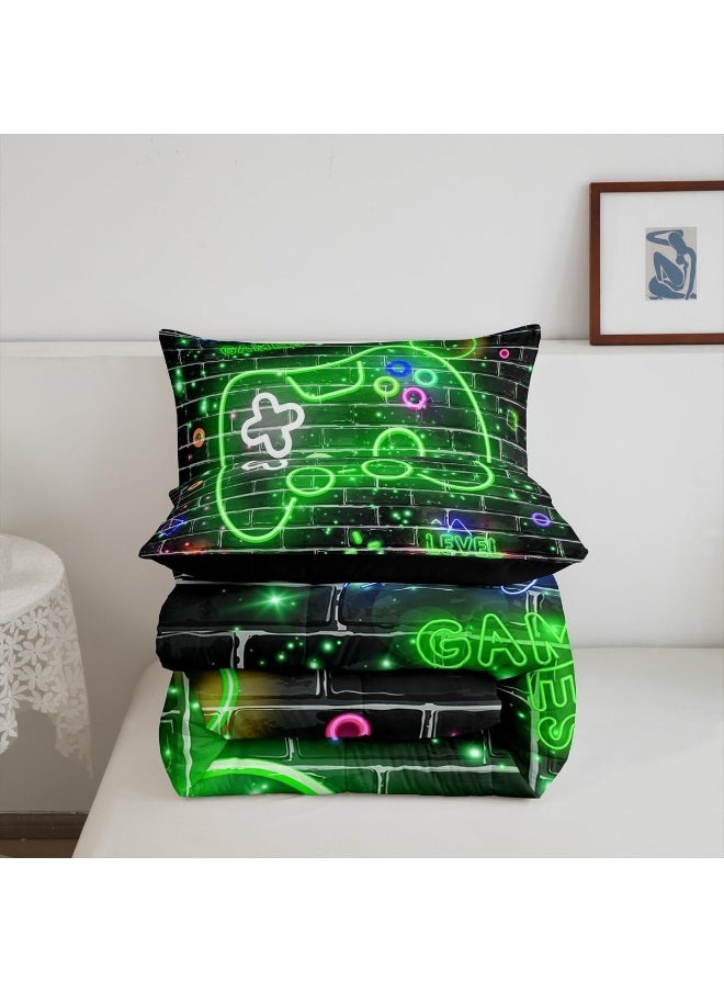 Generic Gamepad Bedding Comforter Sets Twin, Green Neon Video Controller Watercolor Bedding Set for Bedroom Decoration, Retro Abstract Brick Wall Print with 1 Comforter and 1 Pillow Case Bedroom Decor  - Image 5