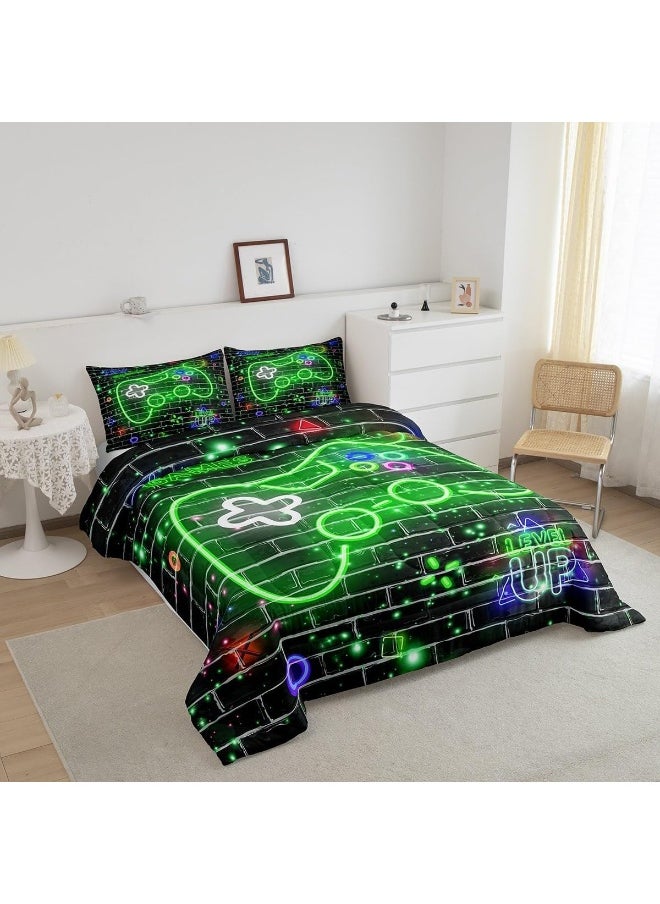 Generic Gamepad Bedding Comforter Sets Twin, Green Neon Video Controller Watercolor Bedding Set for Bedroom Decoration, Retro Abstract Brick Wall Print with 1 Comforter and 1 Pillow Case Bedroom Decor  - Image 2