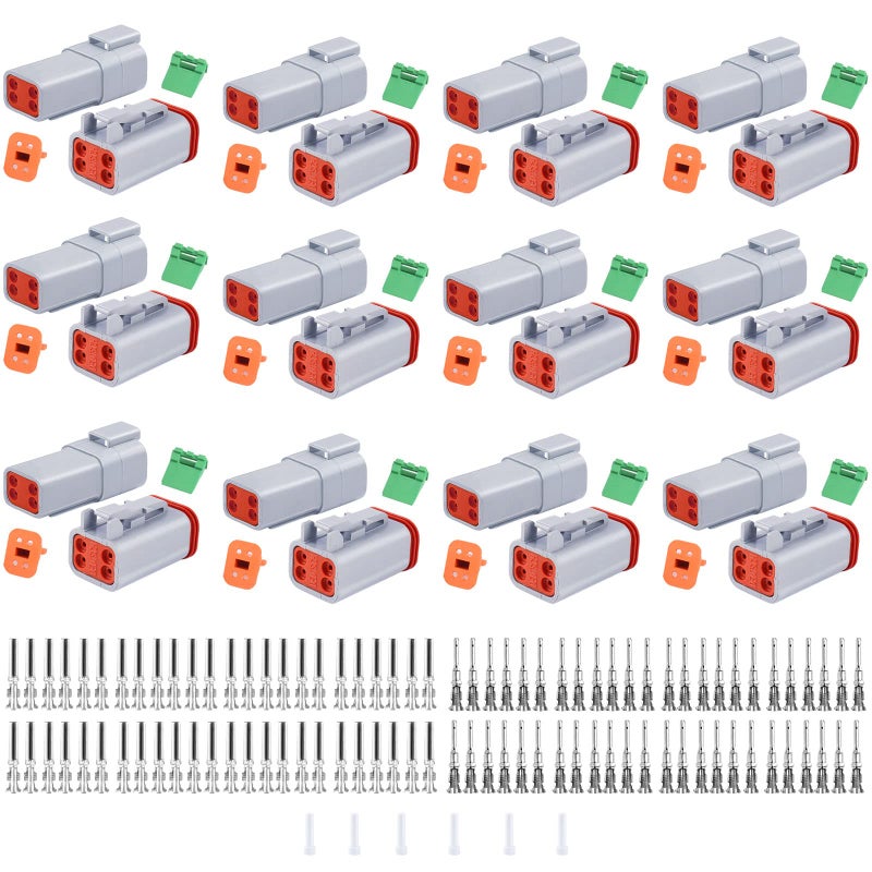 150PCS 4 Pin Way Deutsch DT Gray Connector 12 Set，Size 16 Solid Contacts Waterproof Electrical Wire Connector with Seal Plug for Truck, Off-Road Vehicles, Marine, Motorcycle Wiring