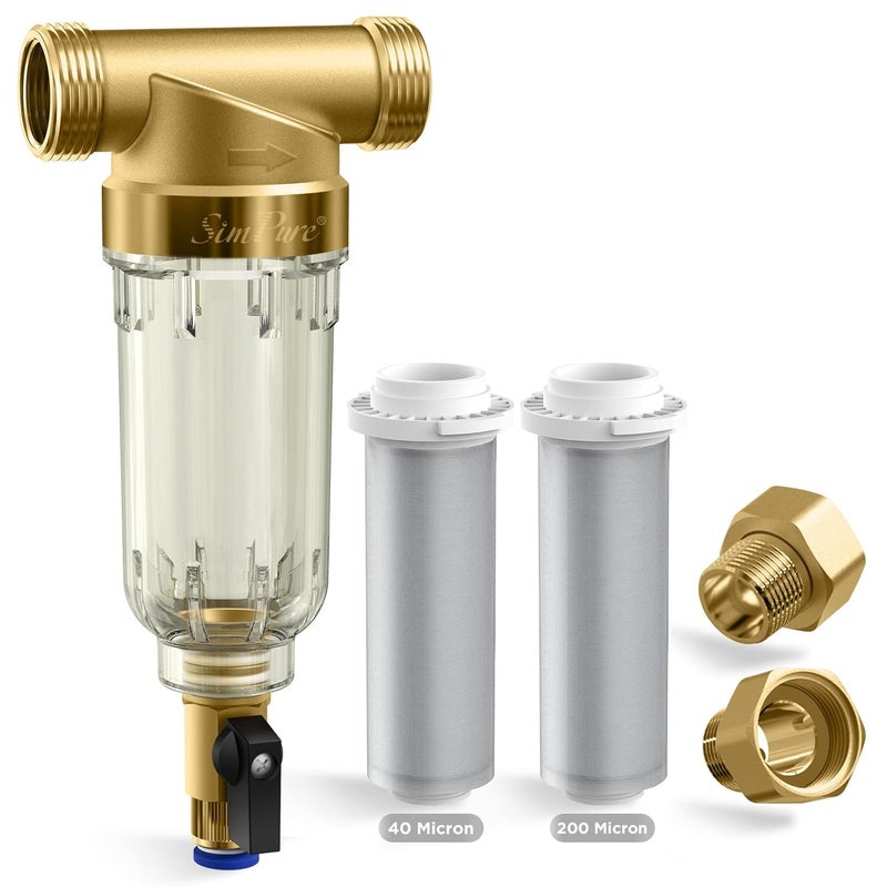 Simpure 40/200 Micron Spin Down Sediment Filter, Reusable Whole House Sediment Water Filter, Pre-Filtration System for City/Well water, 1" MNPT + 3/4" FNPT + 3/4"MNPT, BPA Free - Image 1