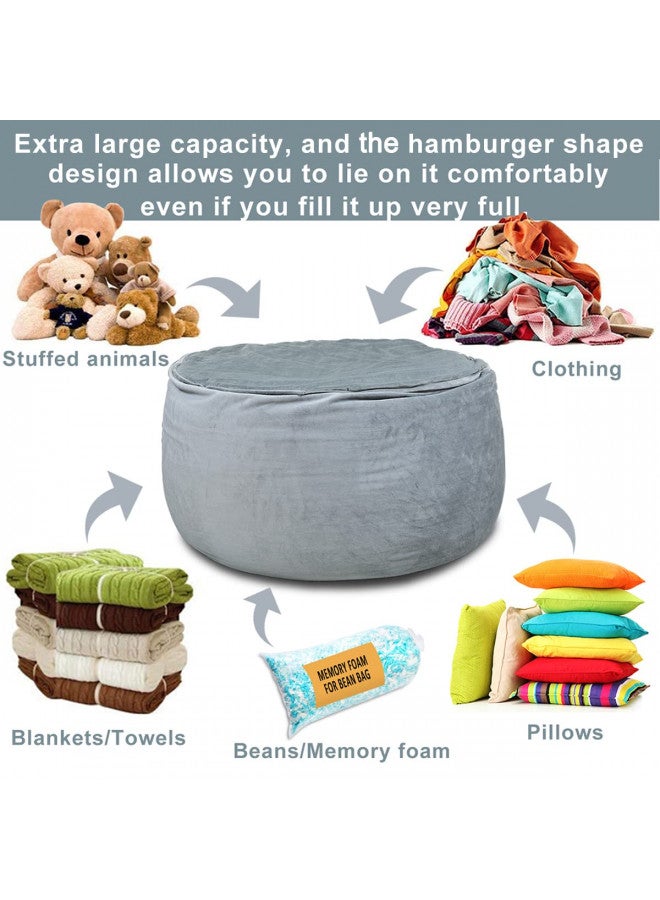 BCHWAY FAMILY Bean Bag Chair Cover, Stuffed Animal Storage, Plush Toys Organizer Holder, Beanbag Chairs Cover for Kids Teans and Adults Super Soft and Comfortable Fabric X-Large with Handle and Zipper -Round Grey  - Image 2