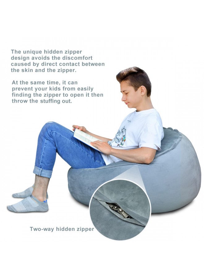 BCHWAY FAMILY Bean Bag Chair Cover, Stuffed Animal Storage, Plush Toys Organizer Holder, Beanbag Chairs Cover for Kids Teans and Adults Super Soft and Comfortable Fabric X-Large with Handle and Zipper -Round Grey  - Image 3