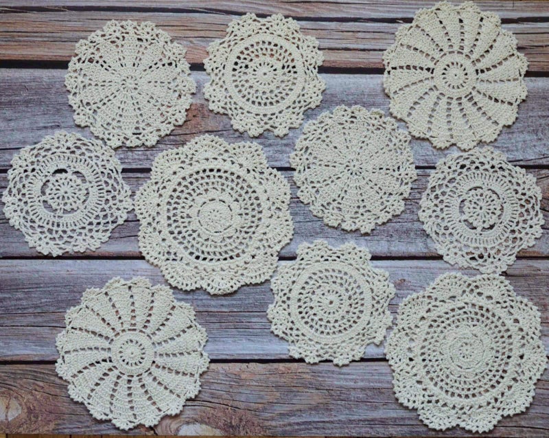 SouthMage 10 Hand Crochet Round Lace Doilies Lot French Country Table Coasters - Image 1