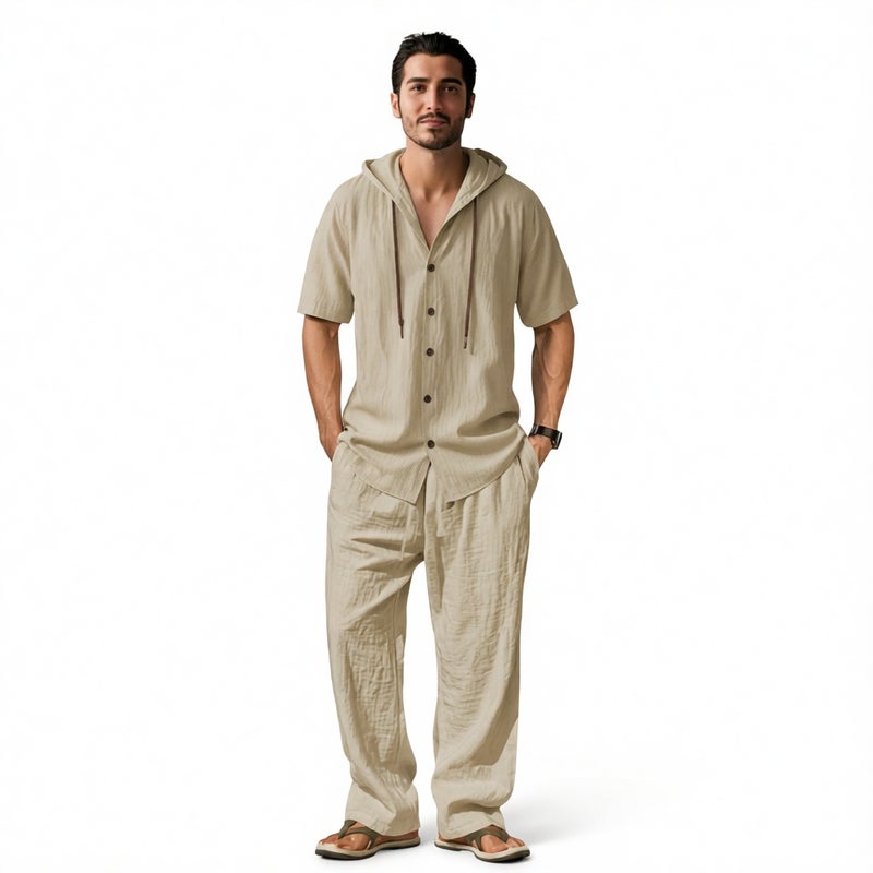 Men's Casual Linen-Cotton Hooded Long Sleeve Shirt and Loose Pants Set - Image 1