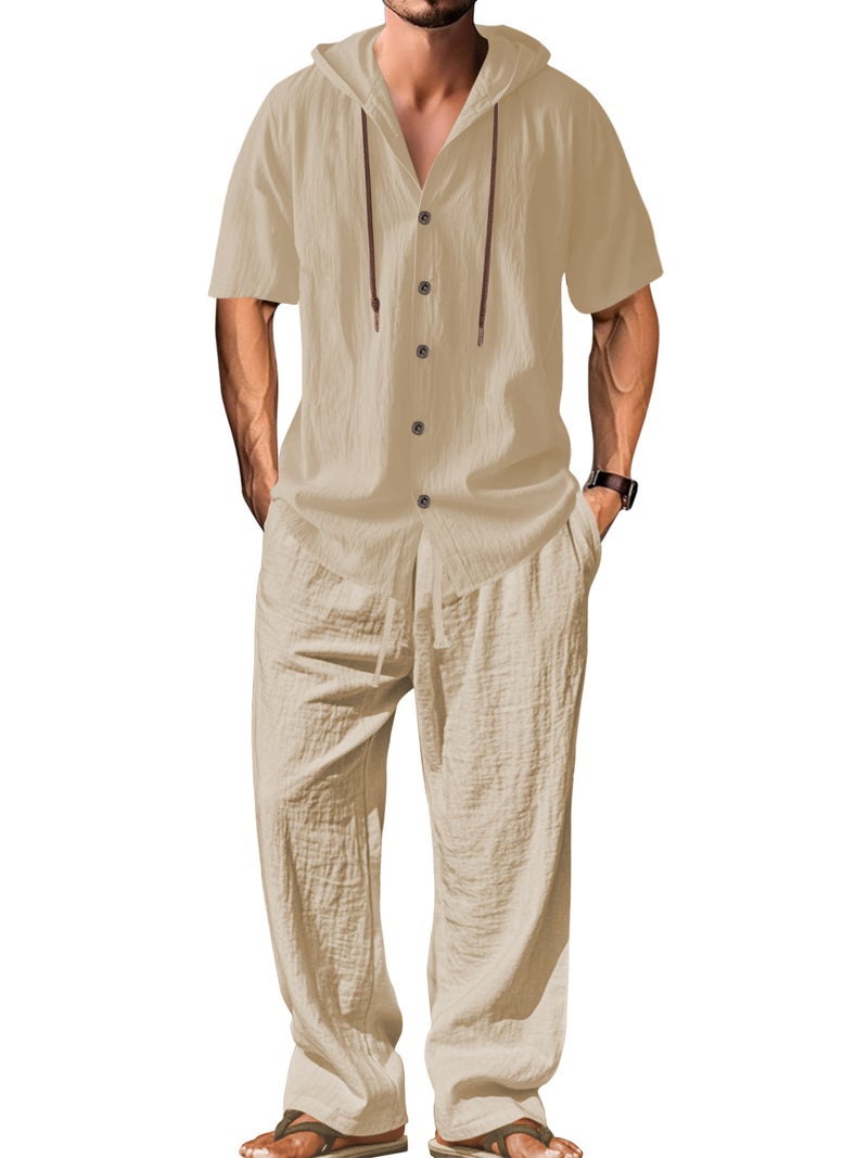 Men's Casual Linen-Cotton Hooded Long Sleeve Shirt and Loose Pants Set - Image 2