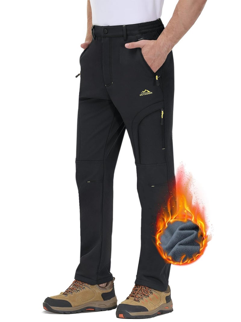 TACVASEN Fleece Work Pants Men Waterproof Ski Snowboard Winter Climbing Camping Softshell Pants Warm Black Cargo
