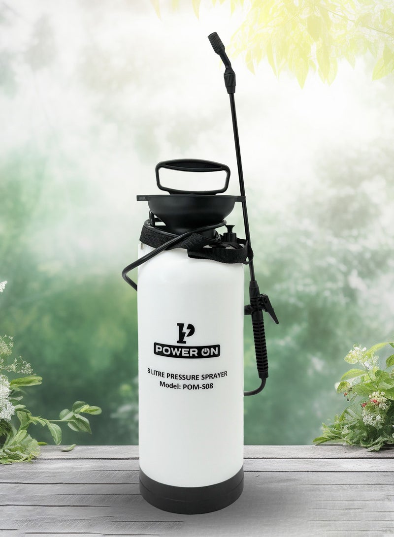 POWERON 8L Pressure Sprayer for Garden and Home – Adjustable Nozzle, Pump Action, Heavy-Duty Plastic, Shoulder Strap – Ideal for Watering, Cleaning, Car Washing – White - Image 1