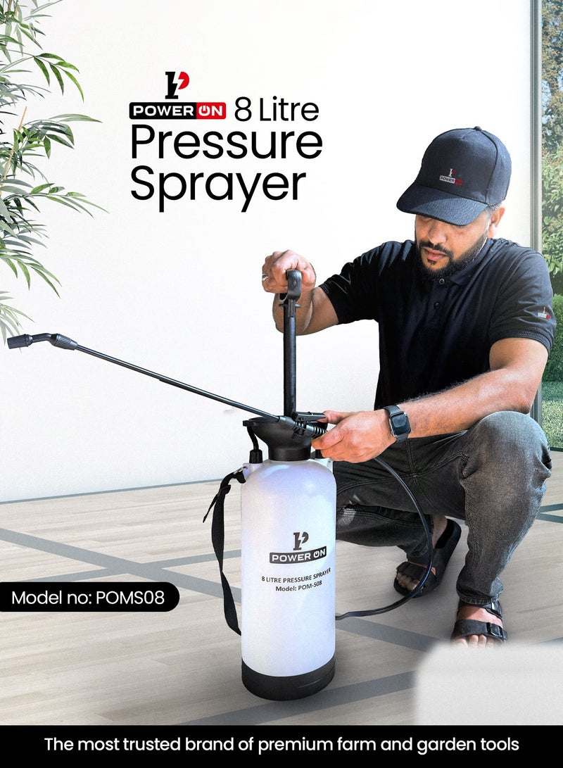 POWERON 8L Pressure Sprayer for Garden and Home – Adjustable Nozzle, Pump Action, Heavy-Duty Plastic, Shoulder Strap – Ideal for Watering, Cleaning, Car Washing – White - Image 2