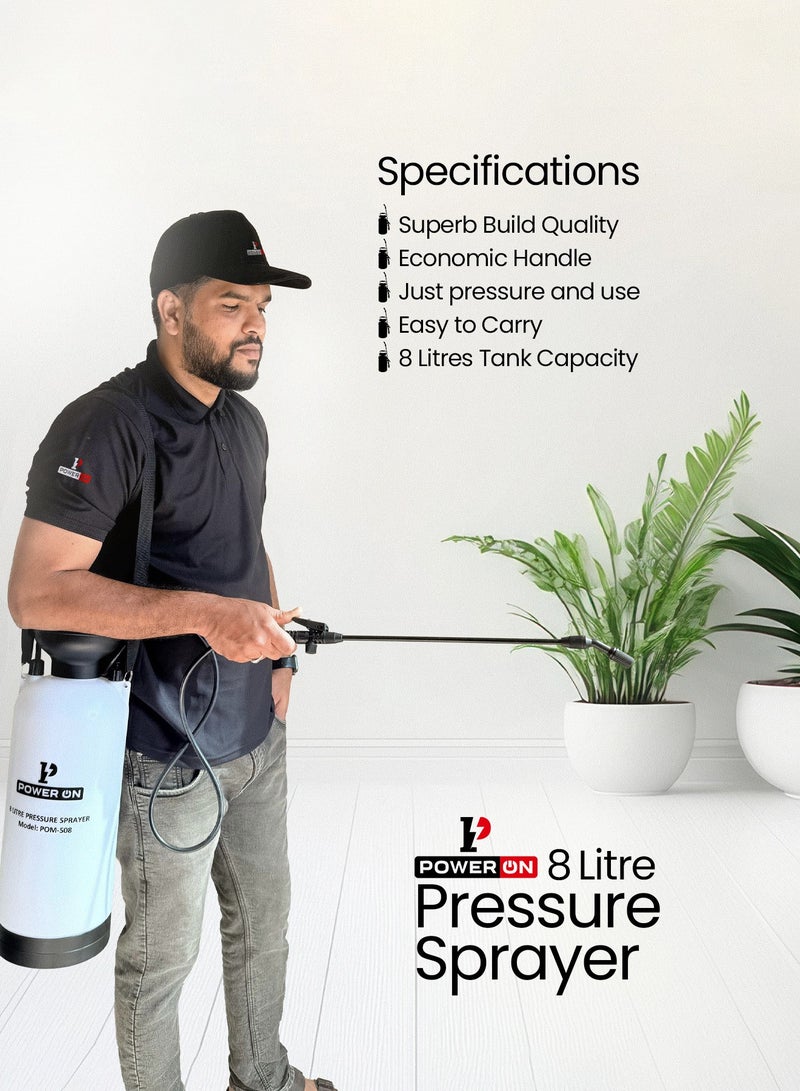 POWERON 8L Pressure Sprayer for Garden and Home – Adjustable Nozzle, Pump Action, Heavy-Duty Plastic, Shoulder Strap – Ideal for Watering, Cleaning, Car Washing – White - Image 3