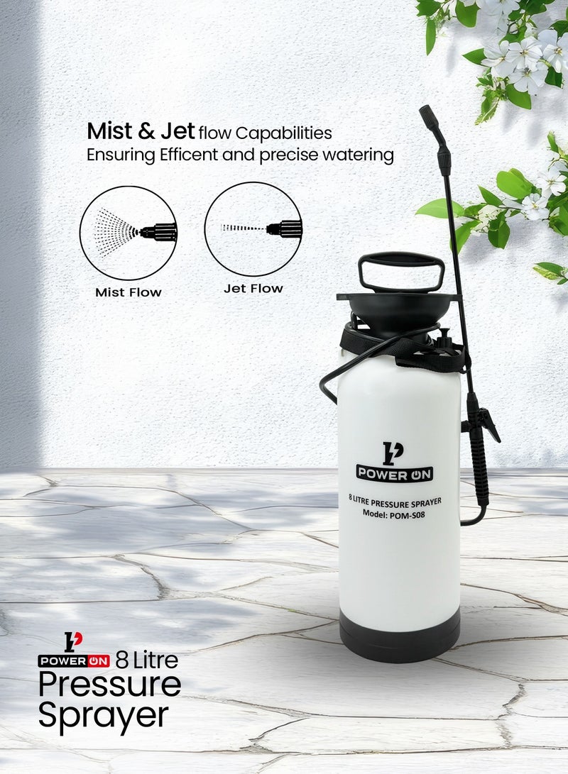 POWERON 8L Pressure Sprayer for Garden and Home – Adjustable Nozzle, Pump Action, Heavy-Duty Plastic, Shoulder Strap – Ideal for Watering, Cleaning, Car Washing – White - Image 4